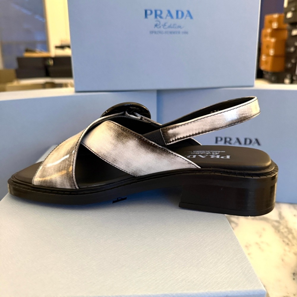 Prada 1X962N Women White/Black Leather slingback sandals shoes size 39.5 US 9.5 - Picture 2 of 14